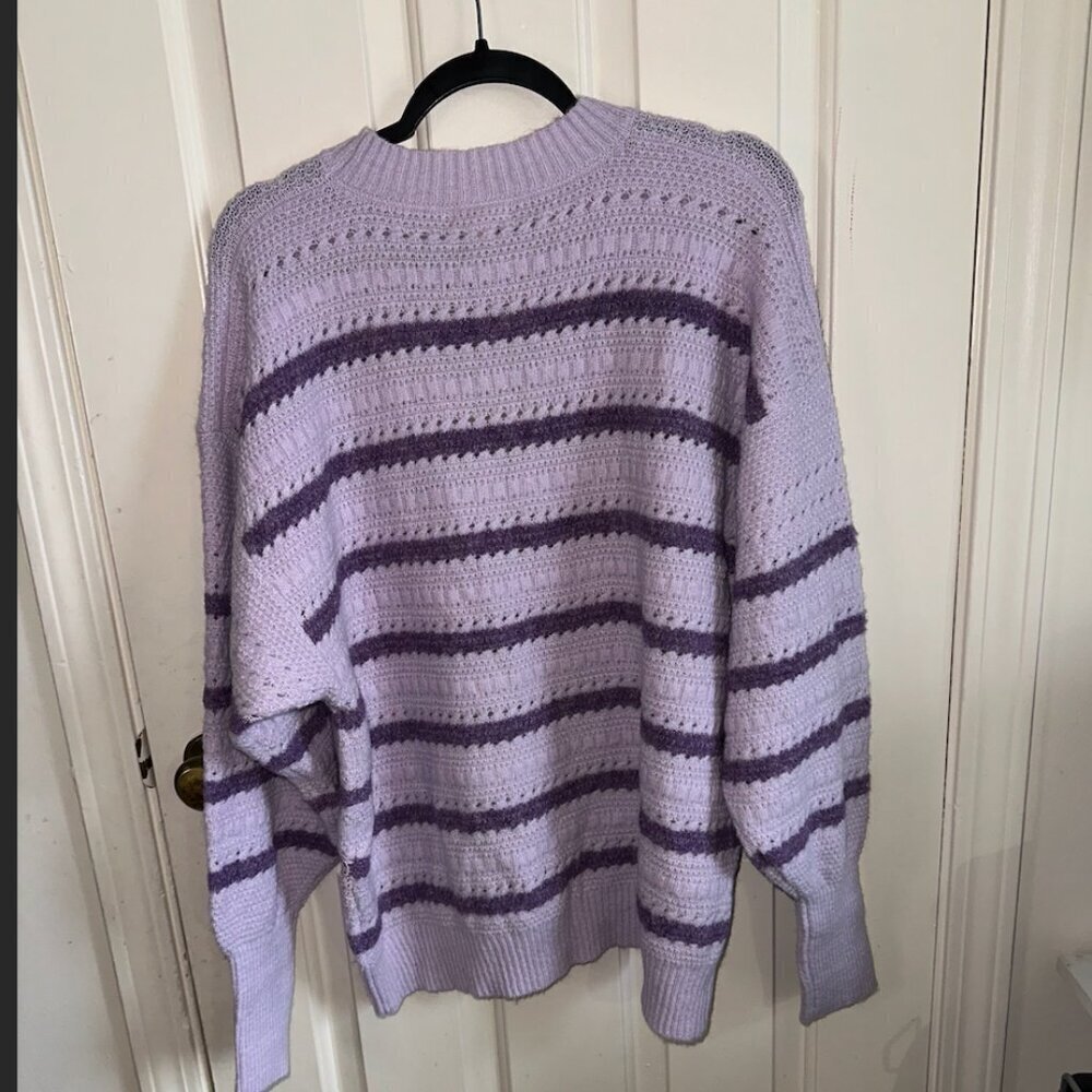 Purple Fringe Chunky Knit Lace Sweater Striped Ribbed Oversized - Picture 14 of 14